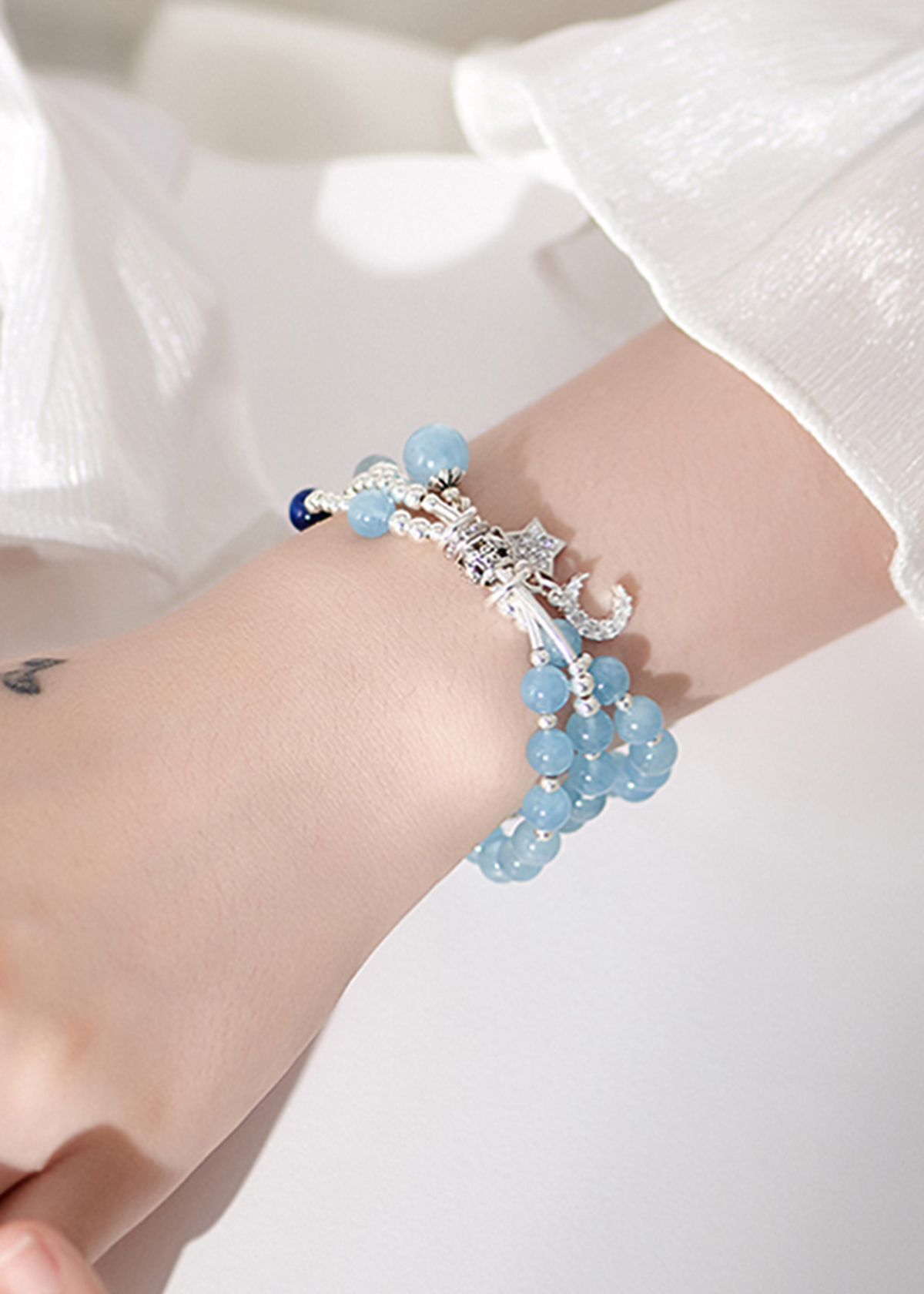 Vòng tay 3 line đá aqumarine charm bạc mệnh thủy, mộc - Ngọc Quý Gemstones