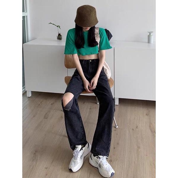Quần jean đen dài ống rộng rách gối