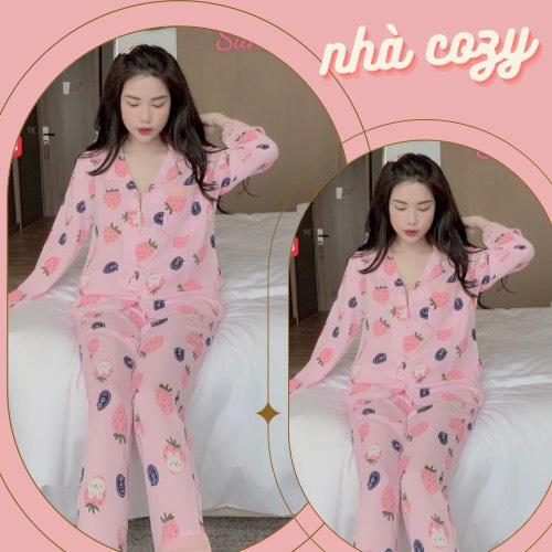 HÀNG CÓ SẴN Đồ bộ nữ PIJAMA ️ Bộ lụa tay dài quần dài ️ họa tiết dâutây dễ thương p439
