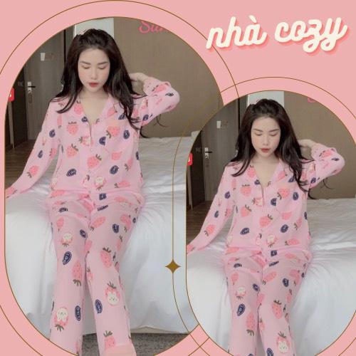 HÀNG CÓ SẴN Đồ bộ nữ PIJAMA ️ Bộ lụa tay dài quần dài ️ họa tiết dâutây dễ thương p439