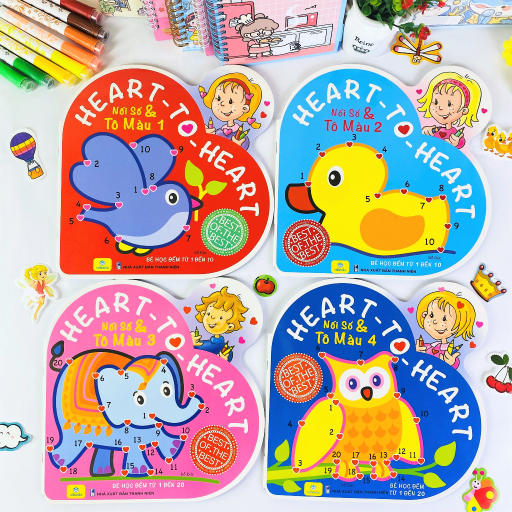 Sách - Bộ 4 cuốn Nối Số Tô Màu - Bé học đếm từ 1 đến 10 Heart to heart - ndbooks