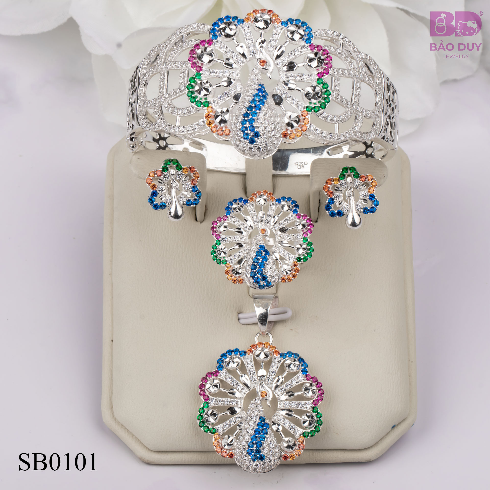 Bộ sưu tập trang sức bạc nữ hoa đính đá nhiều màu Bảo Duy Jewelry - SB0101