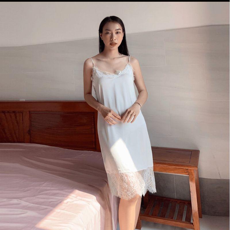 Váy ngủ lụa 2 dây phối ren mi sang trọng-Màu trắng kem tặng kèm quần chip ren xinh xắn gợi cảm