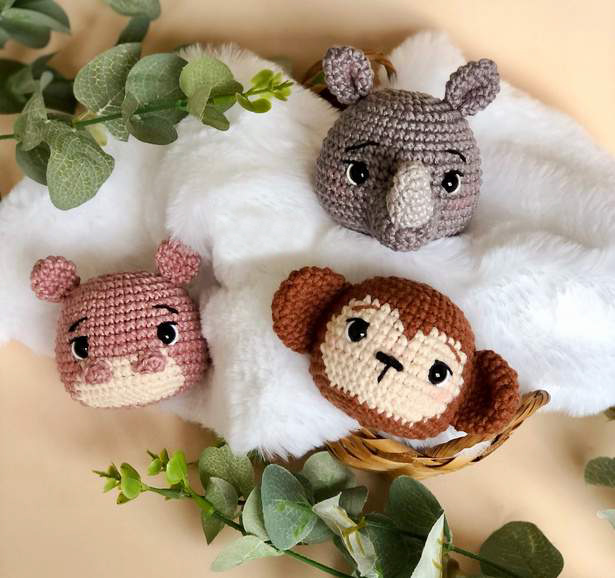 Baby zoo những chiếc đầu thú móc len handmade , dùng treo nôi, trang trí túi xách, balo, trang trí tường, đồ chơi tập cầm, nắm an toàn, quà thôi nôi, quà lưu niệm