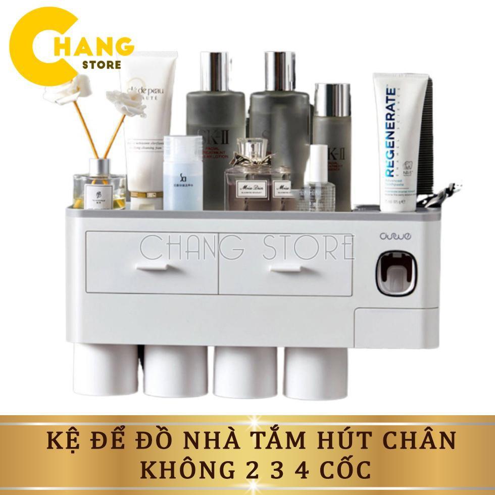 Bộ nhả kem đánh răng tự động cao cấp phân loại 2, 3, 4 cốc, Kệ để đồ nhà tắm hút chân không chắc chắn