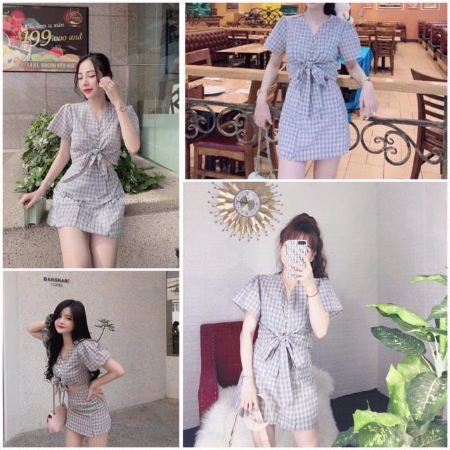 Set caro cột nơ cotton xốp lót lụa ôm body cổ V tay phồng đi biển dự tiệc dạo phố bigsize gợi cảm sexy