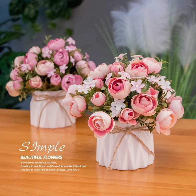 Hoa lụa, Chậu hoa sứ mini cắm sẵn trang trí kệ tủ, để bàn trà nhiều mẫu flower-01