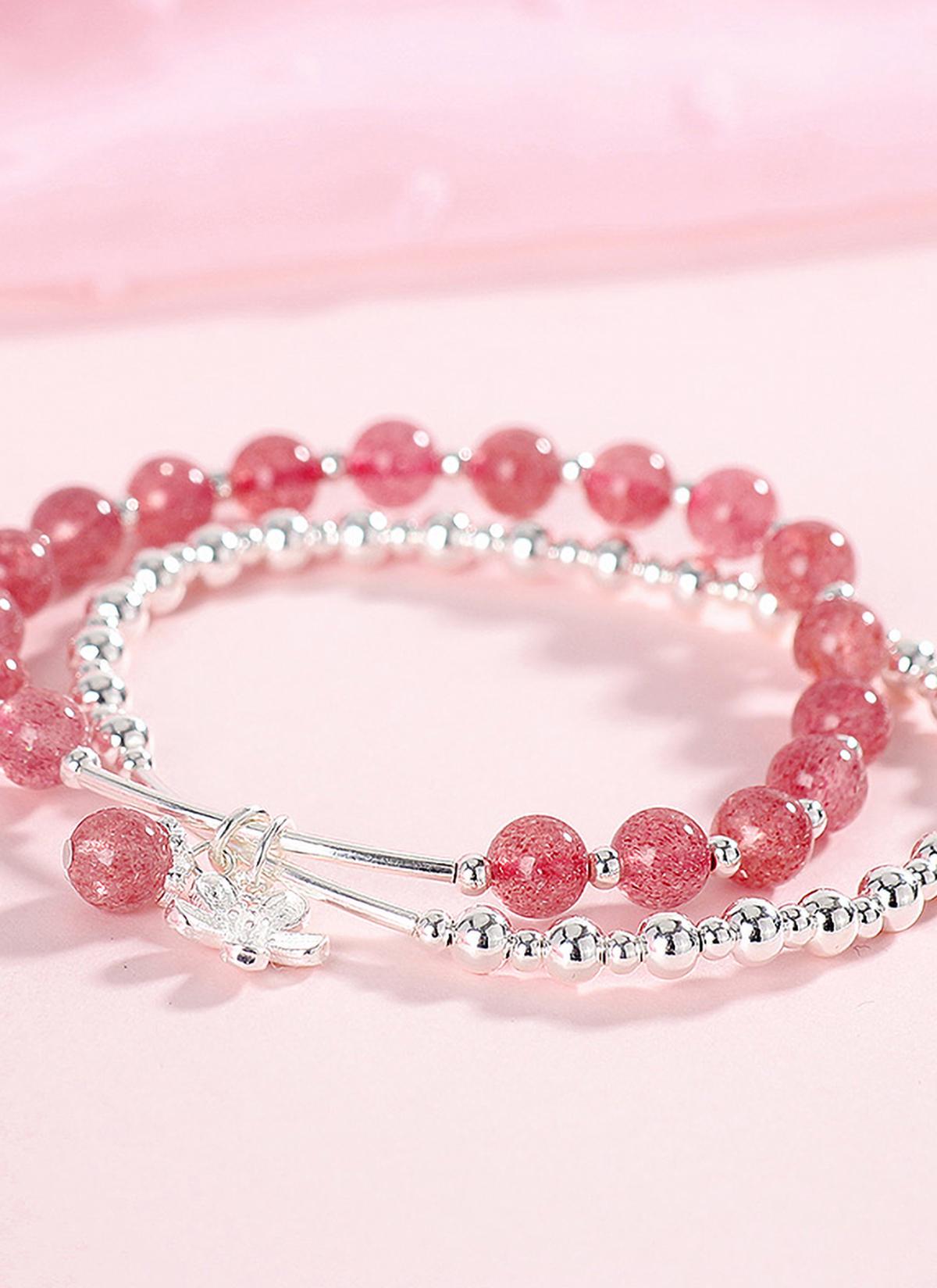 Vòng tay 2 line đá thạch anh dâu phối charm hoa bạc mệnh hỏa, thổ - Ngọc Quý Gemstones