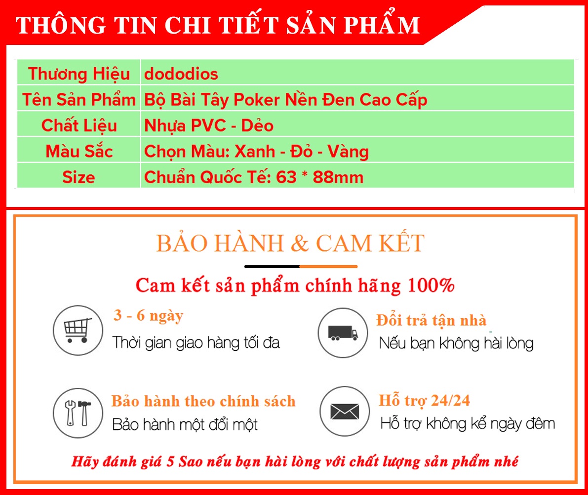 Bộ Bài Tây Poker Nền Đen Cao Cấp Chọn Màu – Bài Tây Đen Bằng Nhựa PVC Chống Thấm Nước Chống Gập Chính Hãng Dododios