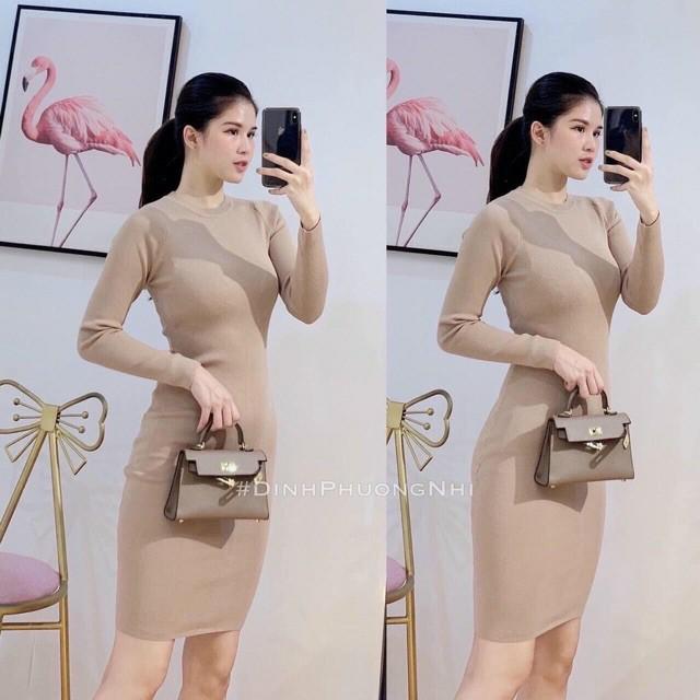 Váy body dài tay cổ tròn chất cotton tăm