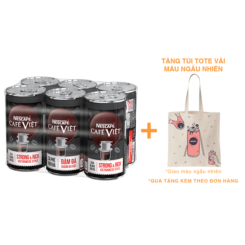 [Tặng Túi Tote Vải Màu Ngẫu Nhiên] Combo 6 Lon Cà phê đen uống liền Nescafe Cafe Việt (lon 170 ml)