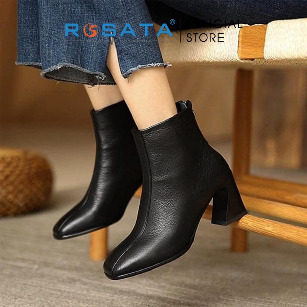 Giày bốt nữ ROSATA RO369 cổ cao mũi nhọn êm chân khóa kéo gót cao 7cm màu đen xuất xứ Việt Nam - Đen