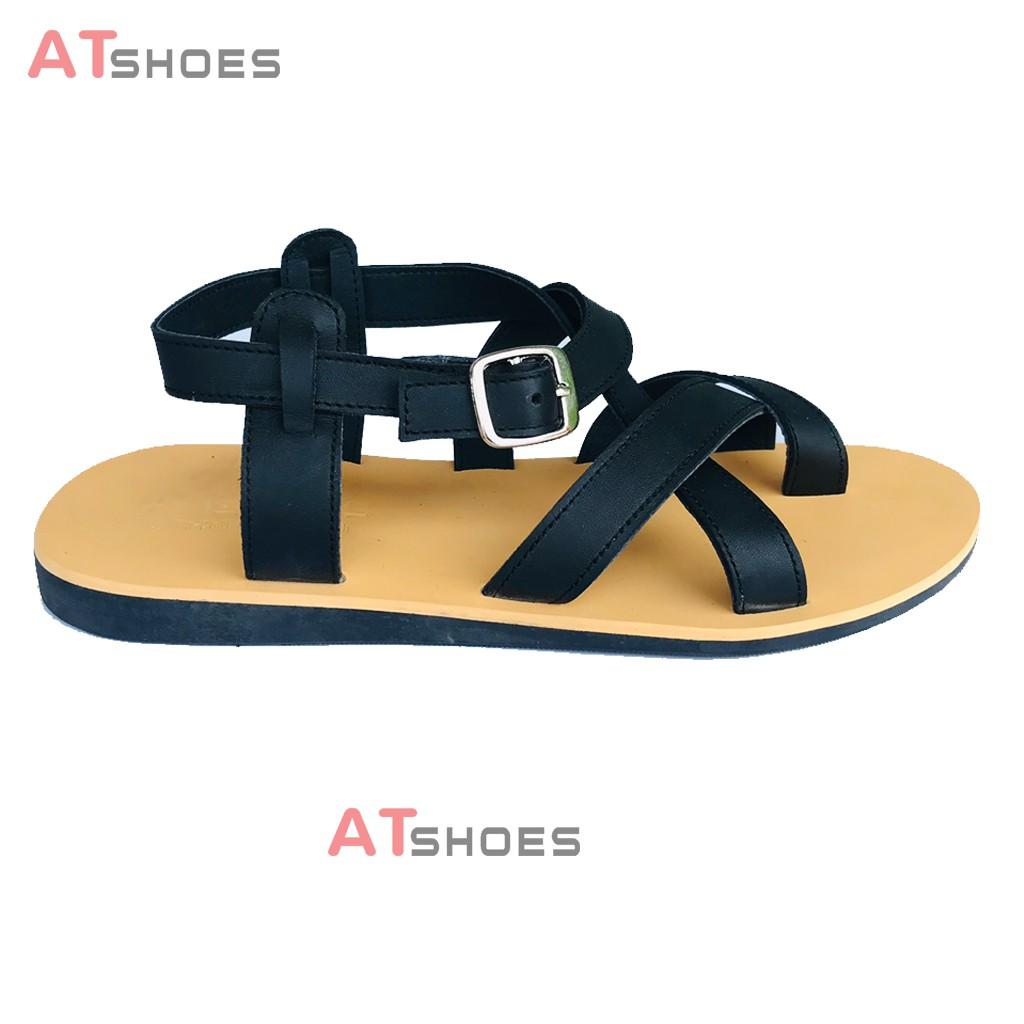 Dép Sandal Unisex cc Da Bò - Sandal xỏ ngón nam nữ kiểu HQ Trẻ Trung Atshoes AT40 (Đen Đế vàng)