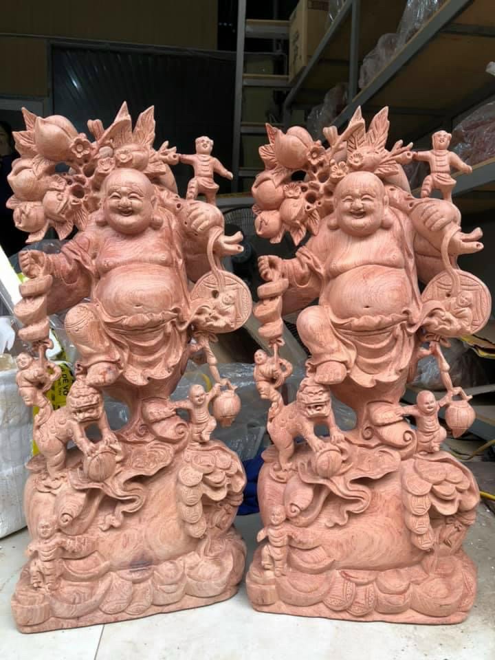 Tượng phật di lặc ngũ phúc bằng gỗ hương đá liền khối kt 60×28×16cm