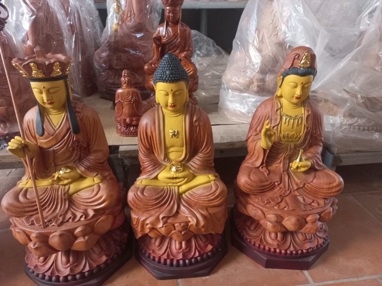 Bộ tượng phật tam thánh bằng gỗ hương đá pu giả cổ kt cao 50×25cm