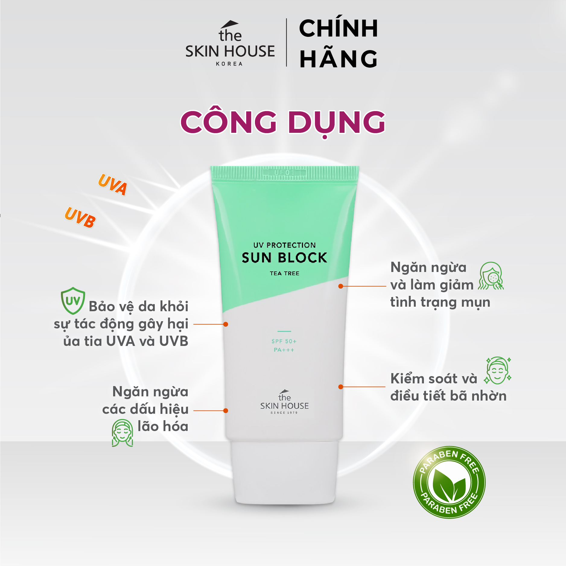 T61 Kem chống nắng tràm trà kháng khuẩn cho da mụn SPF50 PA+++  UV PROTECTION SUN BLOCK TEA TREE SPF50+ PA+++ 50ml