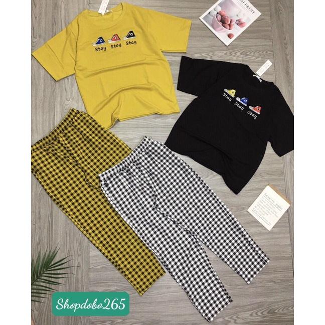 Đồ bộ nữ,đồ ngủ mặc nhà lửng áo thun cotton phối quần kaki họa tiết dễ thương.