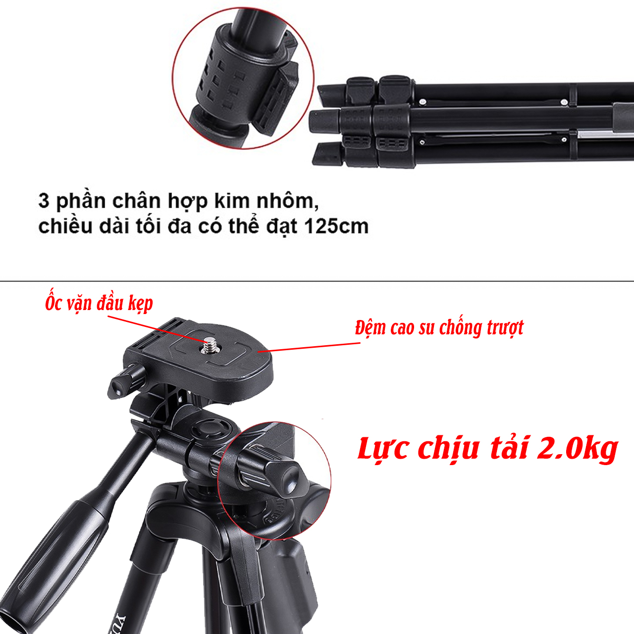 Tripod 3 chân Vinetteam YT VCT 5208 dùng để livestream tặng giá đỡ kẹp điện thoại, remote có túi đựng - hàng chính hãng