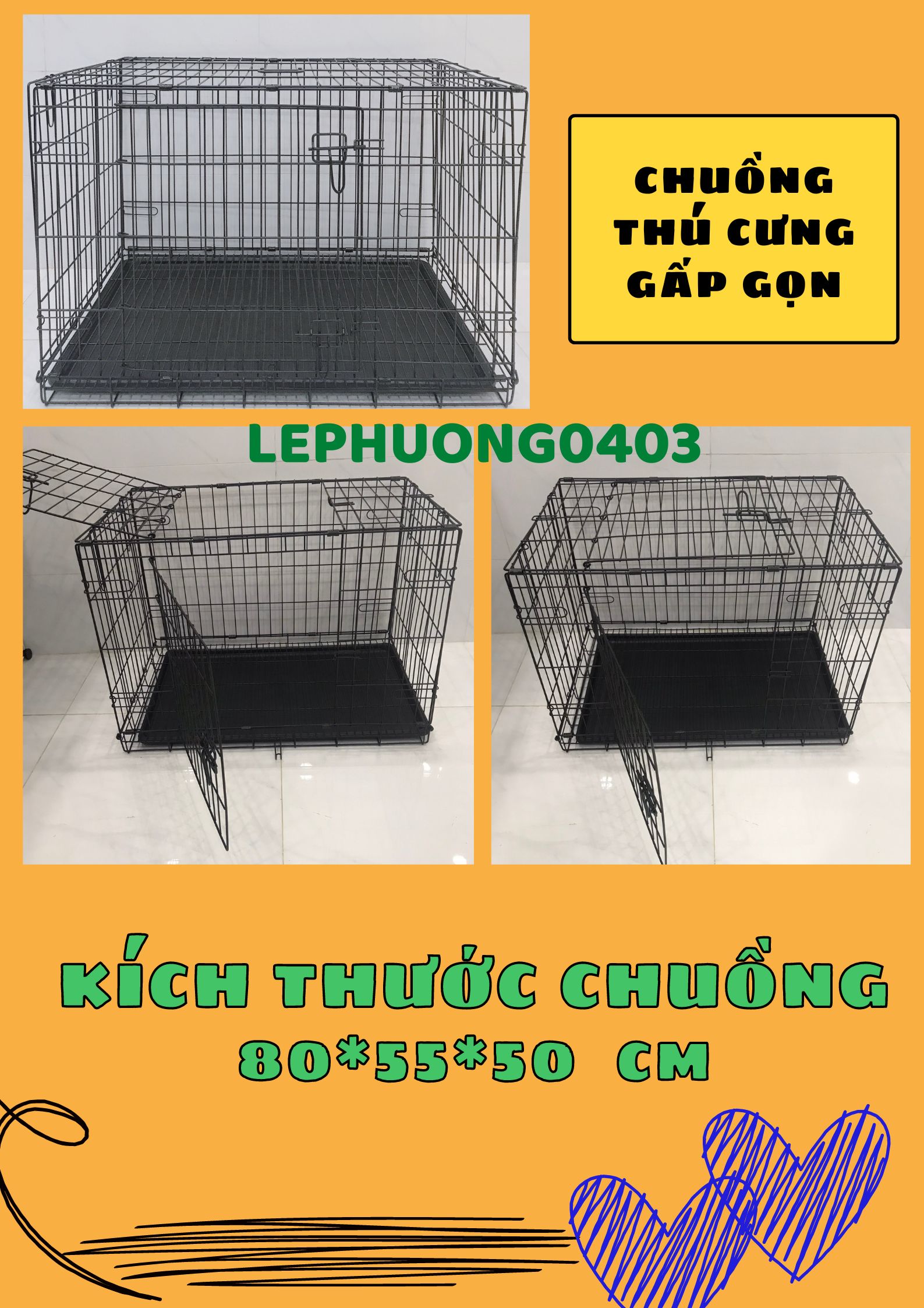 Tặng Kèm Khay Vệ Sinh Chuồng, Lồng Thú Cưng Chó Mèo Pet Gấp Gọn Nan Cực Dày Size 80*55*50cm