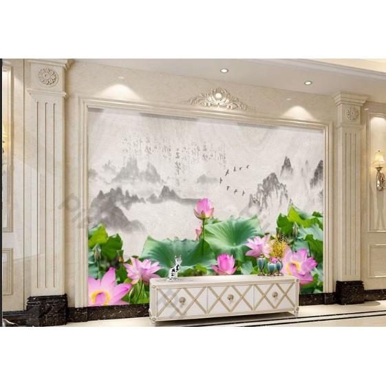 Tranh dán tường Tranh hoa sen trang trí nền tường nổi bật, tranh dán tường 3d hiện đại MS827635