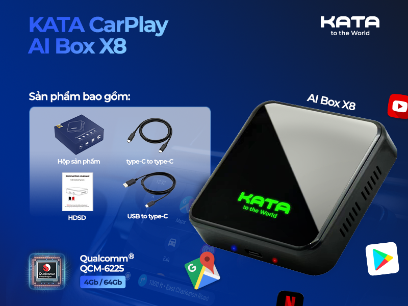 Bộ AI Box KATA X8  Hàng Chính Hãng, CPU 8 Nhân Qualcomm 6225, Android 13 dành cho ô tô