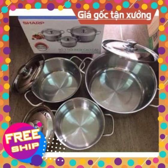 Bộ nồi SHARP inox cao cấp , Bộ nồi sharp 3 chiếc dùng cho cả bếp từ