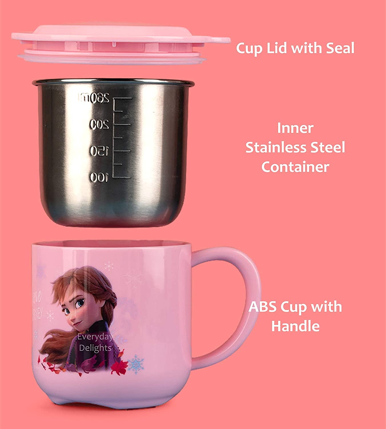 Ly cốc giữ nhiệt Disney in hình Elsa Anna Frozen P.2 màu hồng có nắp và quai cầm cho bé - 260ml