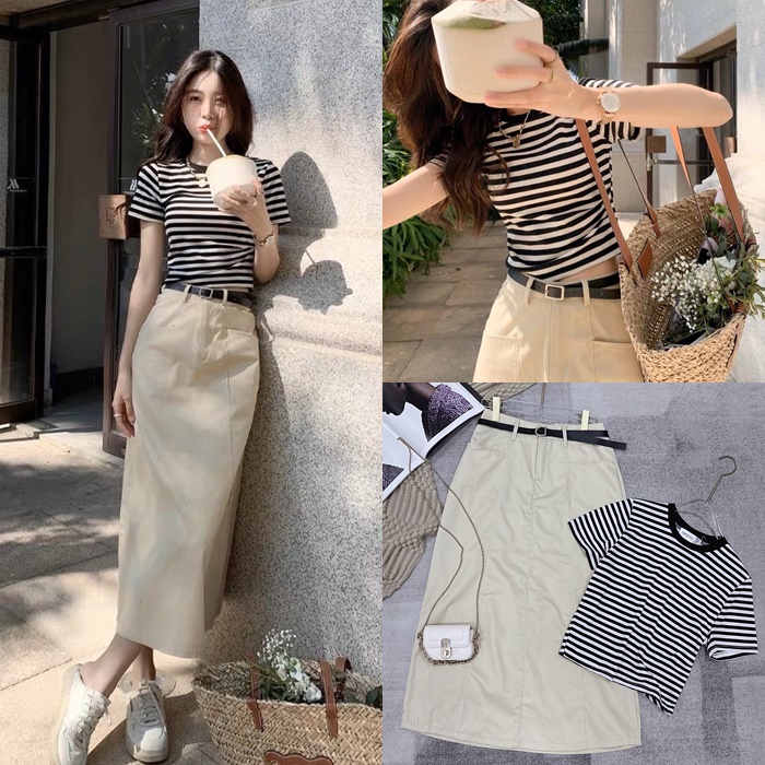 SET CHÂN VÁY MIDI DÀI SUÔNG TRƠN LƯNG CAO + ÁO THUN CROPTOP KẺ SỌC DẠO PHỐ ĐI LÀM ĐI HỌC ĐI BIỂN ĐI CHƠI