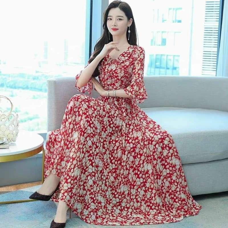 HÀNG NHẬP - ĐẦM MAXI VOAN HOA CỔ V VIỀN BÈO TAY LOE