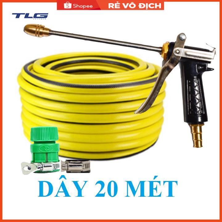 Bộ dây vòi xịt nước rửa xe, tưới cây . tăng áp 3 lần, loại 20m 206318 đầu đồng, đai, nối