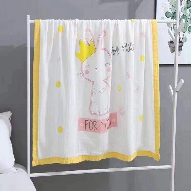 Chăn đắp sợi tre HBQKids 4 lớp bo viền vải xô dùng 4 mùa cho bé KT 110x110cm