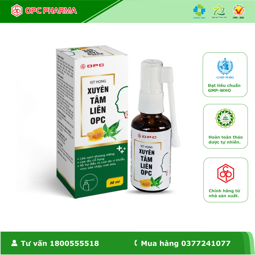 [Sản phẩm chống dịch] Xịt họng Xuyên Tâm Liên OPC (30ml) - Ngăn ngừa vi khuẩn xâm nhập, làm sạch khoang miệng và họng, làm dịu cổ họng - Hàng chính hãng OPC