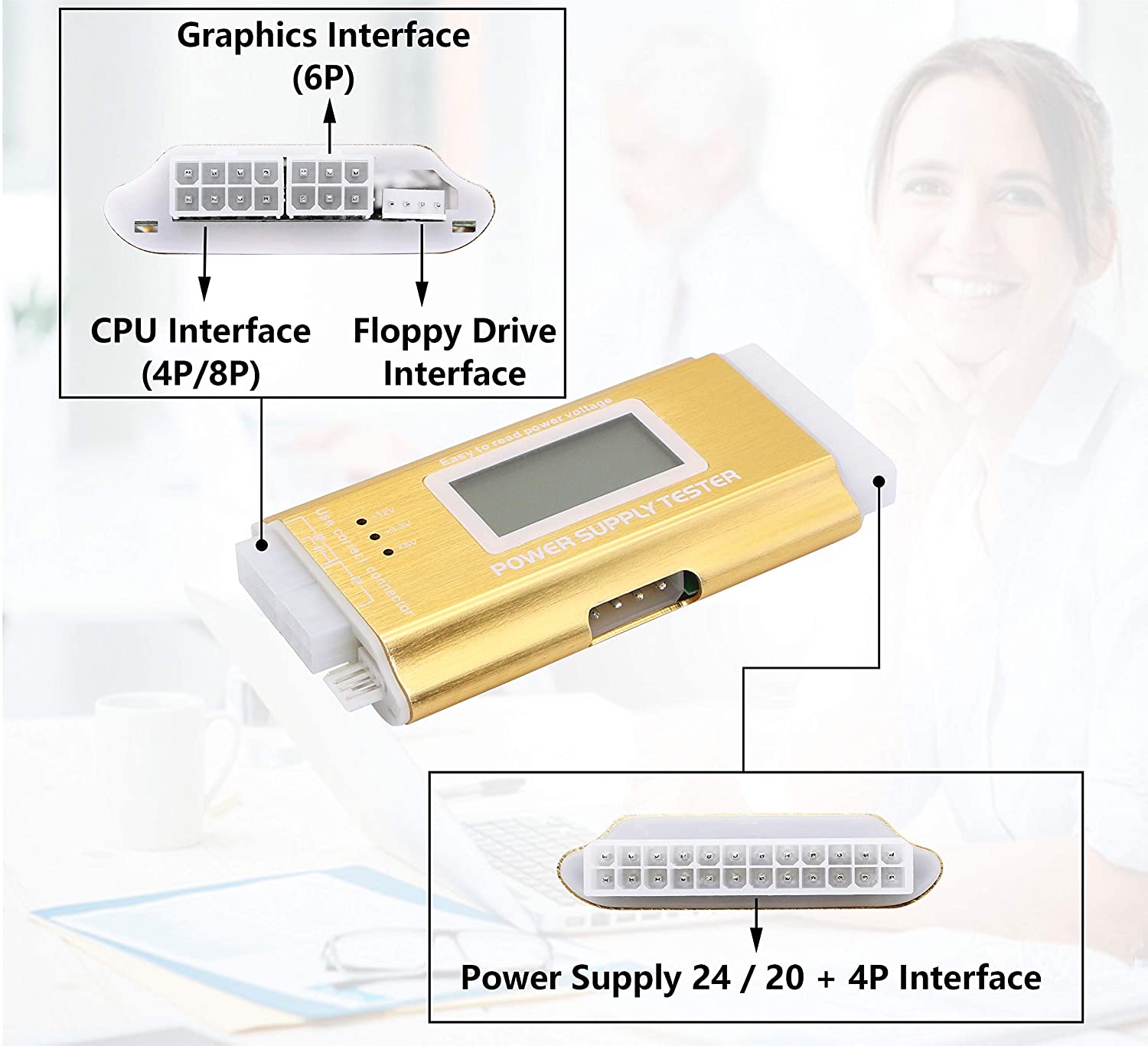 Thiết Bị Test Nguồn ATX Máy Tính 20 + 24 Pin Hiển Thị Màn Hình LCD (Vàng) - Hàng Nhập Khẩu