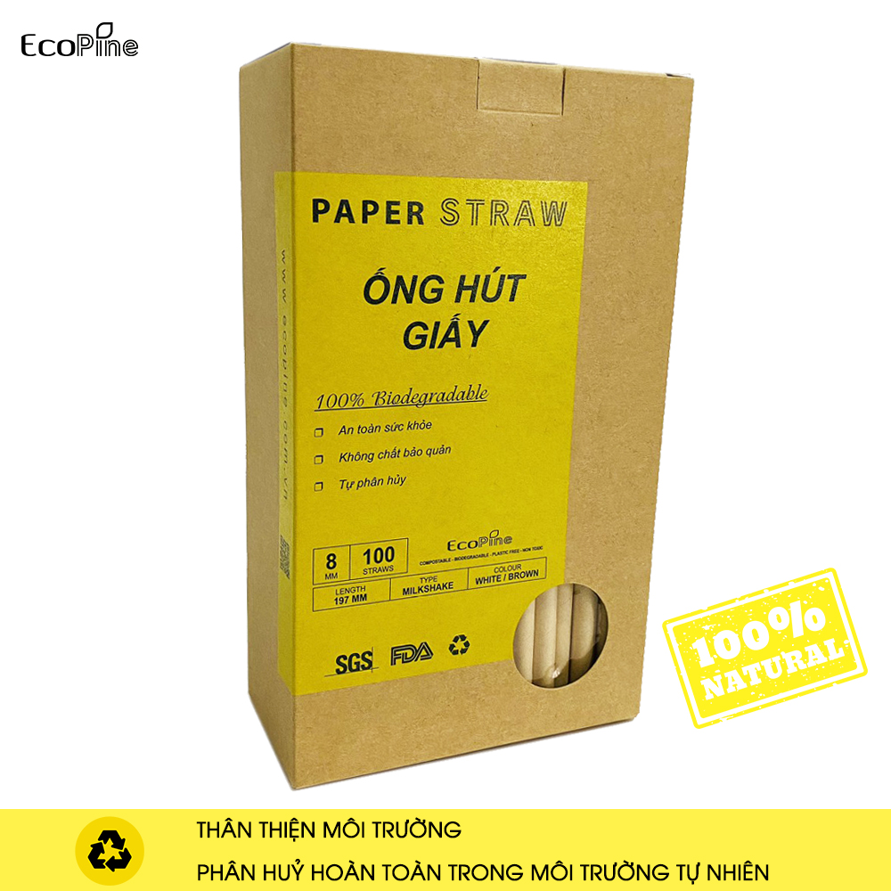 Hộp 100 ống hút giấy phi 8mm nâu kraft ECOPINE