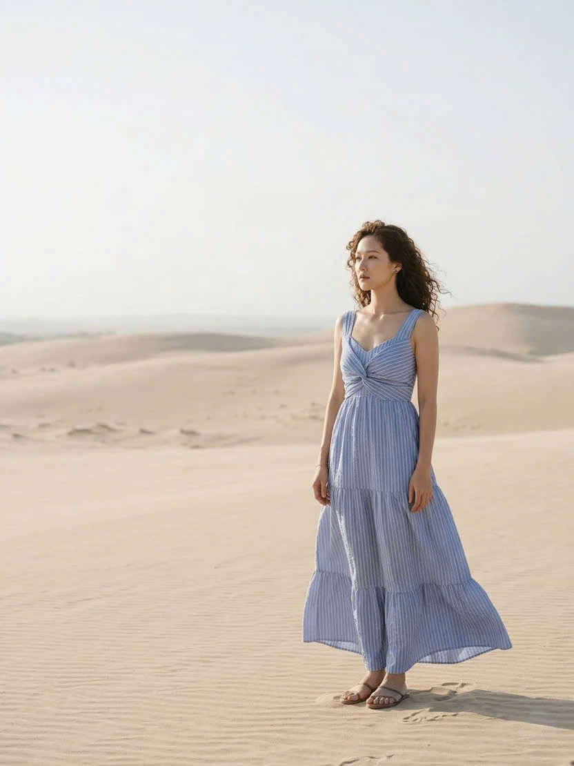 Đầm Maxi Sọc Xanh Cotton Vân Hy DRE205 Thời trang Hity