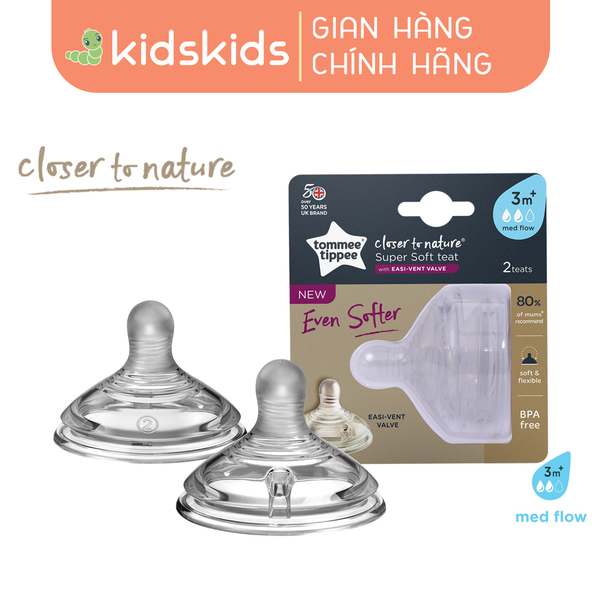 Núm Ty Silicon Siêu Mềm Tự Nhiên Cho Bé Tommee Tippee Natural Start Medium Flow 3-6 Tháng (Vỉ đôi, tách lẻ)