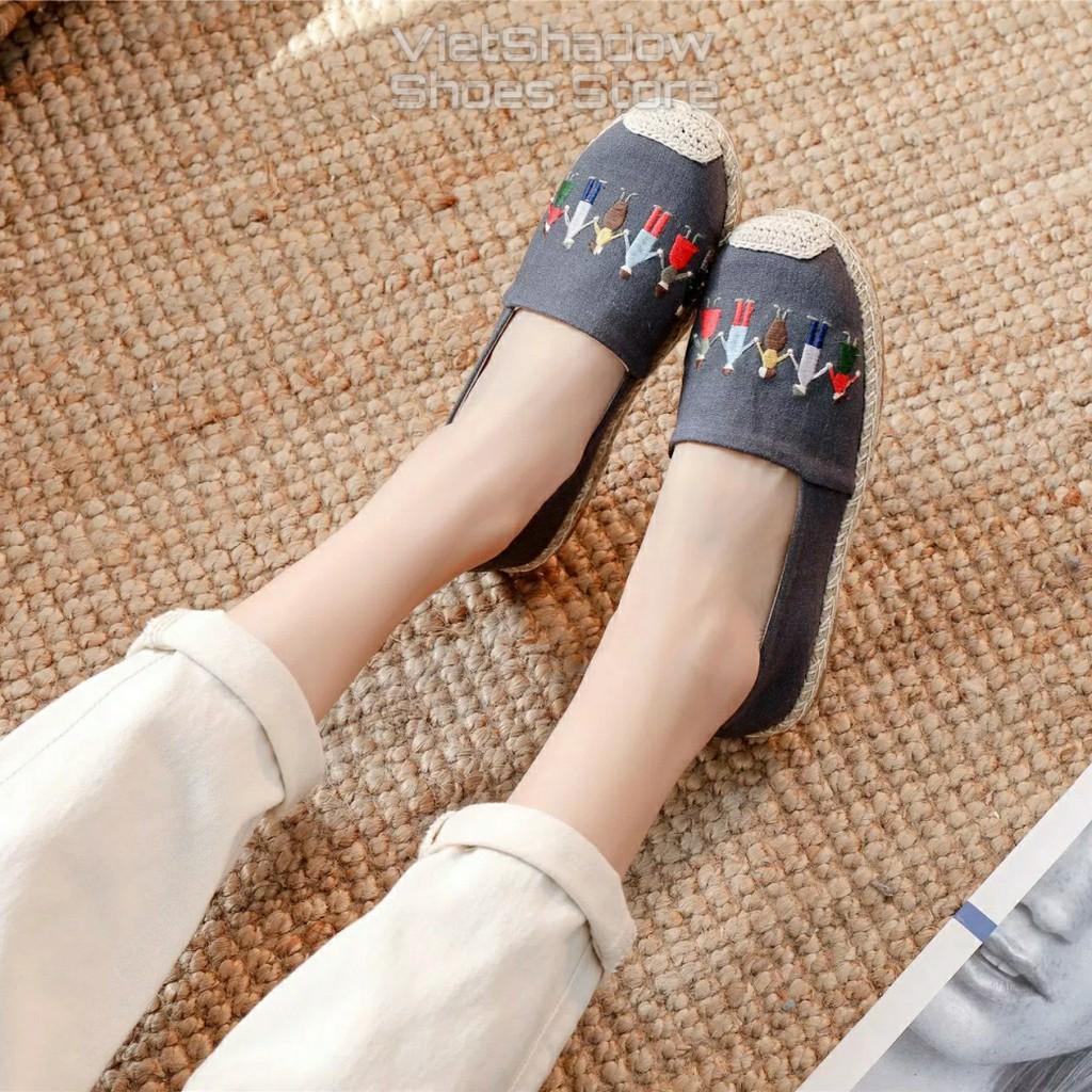 Slip on cói nữ - Giày lười vải thêu - Chất liệu vải bố sợi lanh 2 màu (be) và (xám) - Mã SP X-19