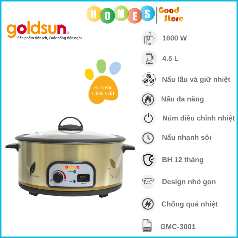 Nồi Lẩu Điện GOLDSUN GMC3001 Lòng Nồi Nhôm Phủ Chống Dính Dung Tích 4.5 Lít Công Suất 1600 W - Hàng Chính Hãng