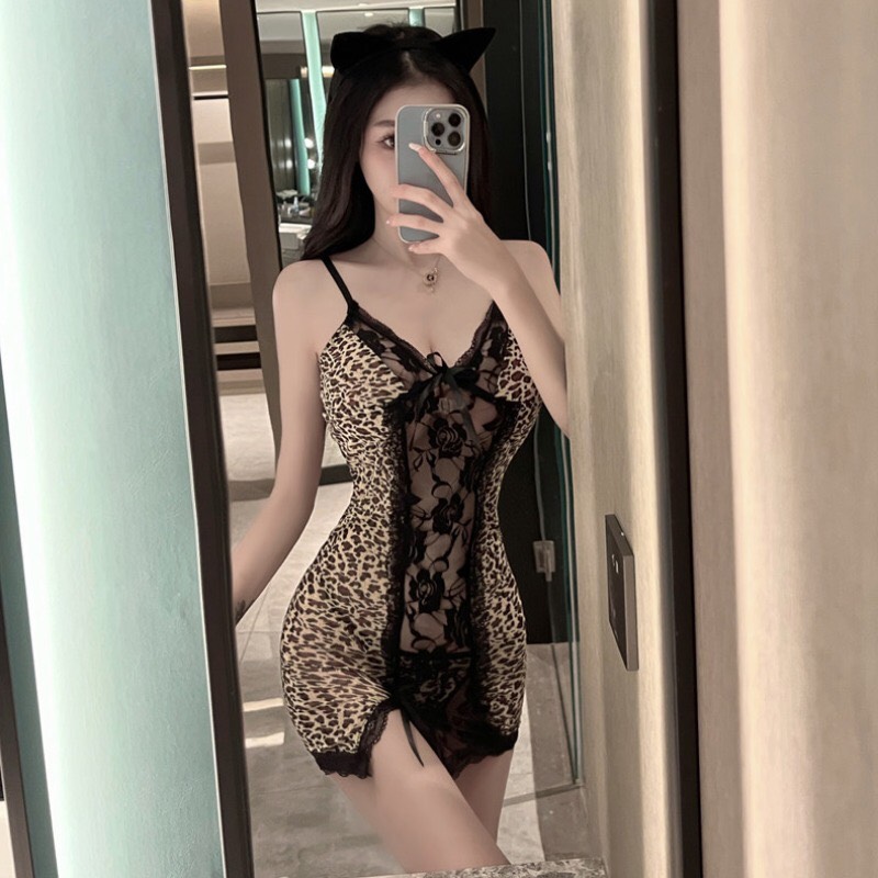Váy ngủ hai dây họa tiết da beo phối ren cao cấp Q450 - Đầm ngủ nữ hai dây sexy - Đồ ngủ mặc nhà quyến rũ
