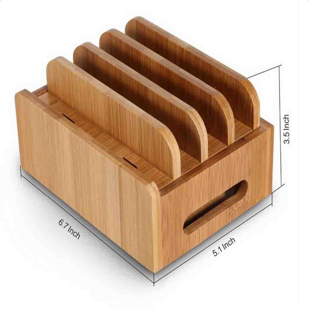 Cord Organizer, 4 Slots Bamboo Stand Multi-device Desktop Cords Organizer Dock Charging Station Holder with Built-in Insert Slots for Smartphones, Tablets and Laptops