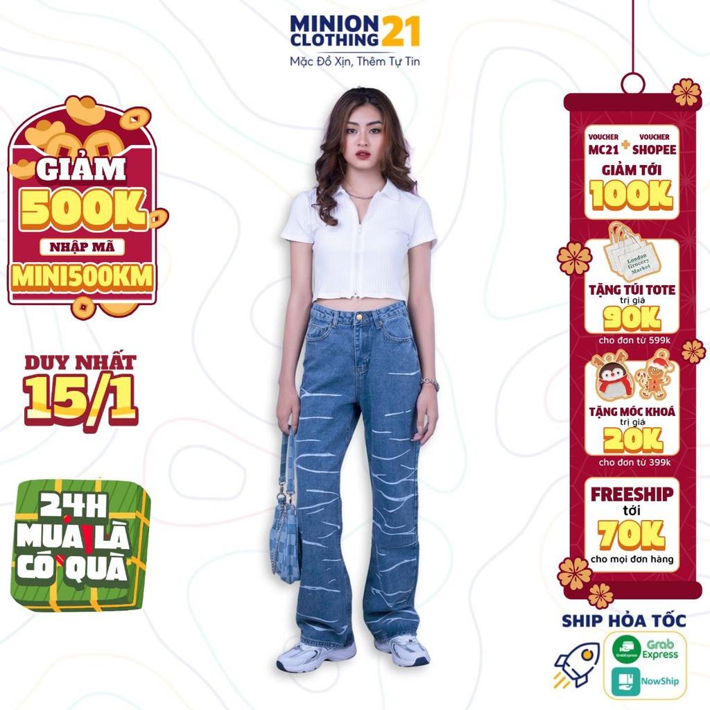 Quần jeans ống rộng sọc ngang ngựa vằn MINION CLOTHING lưng cạp cao bò Unisex nam nữ Ulzzang chất jean dày Q8605