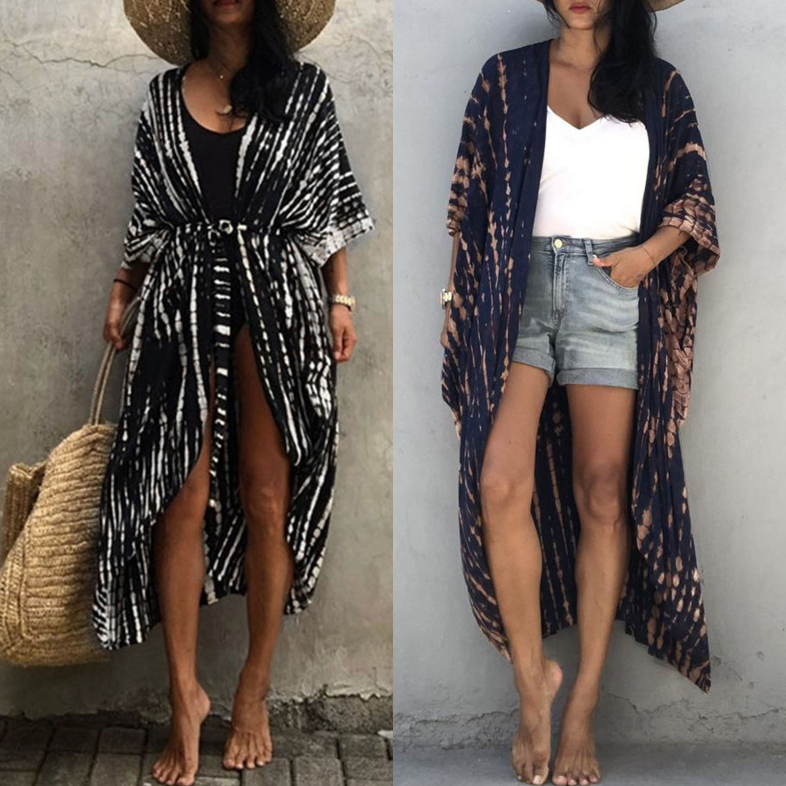 Women Bikini Cover Tie Dyed Striped Self Belted Kimono Cardigan Dress Loose Beach Swimsuit Cover Up