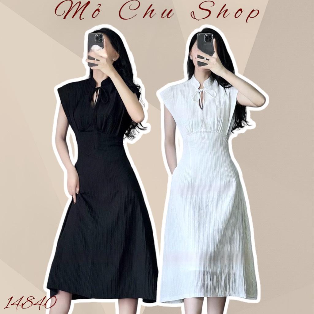 ĐẦM MIDI CỔ TRỤ GÂN SỌC 2 TÚI