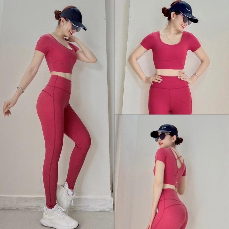 Set Bộ đồ tập gym, yoga, aerobic nữ áo croptop Đan dây lưng quần dài