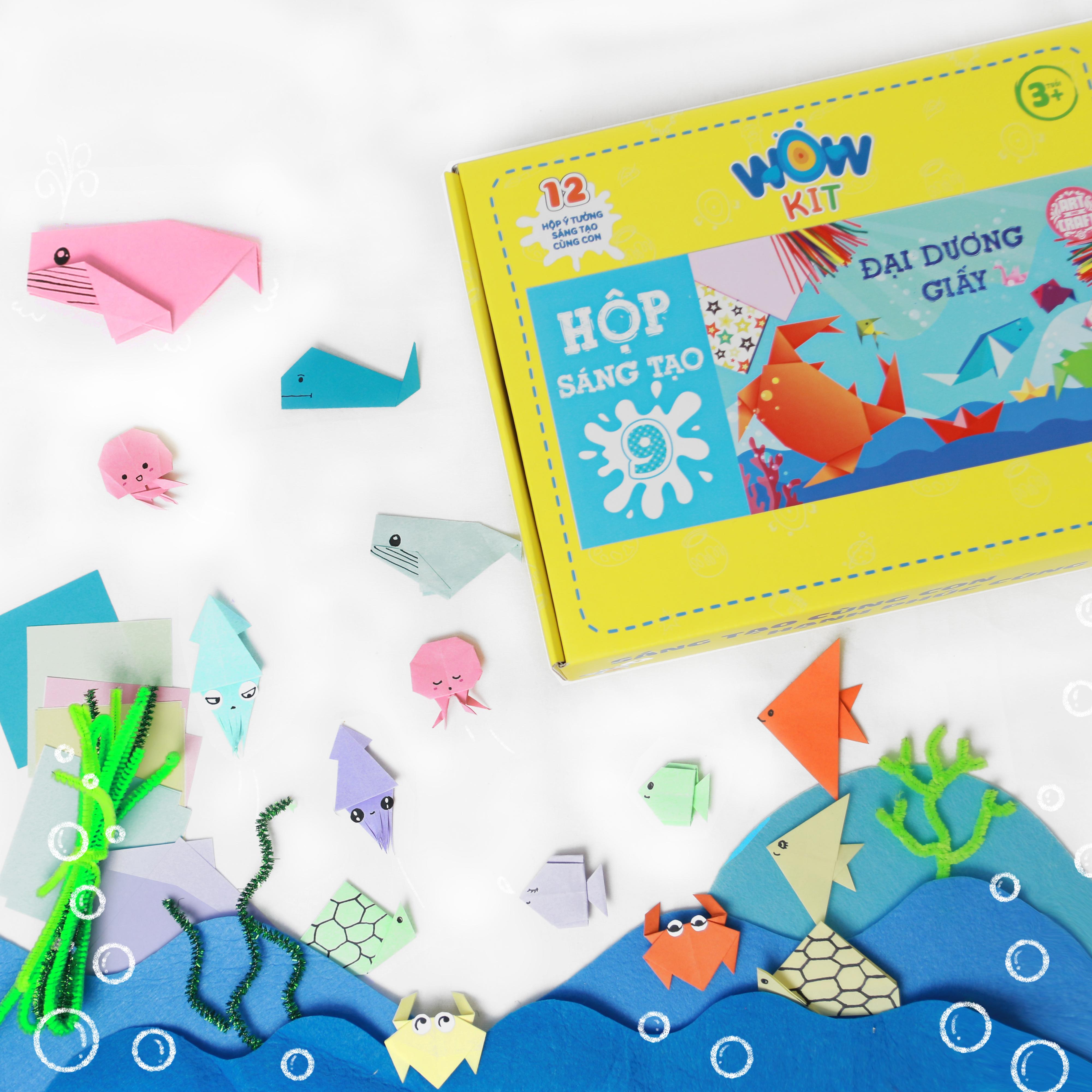 Hộp gấp giấy Origami sinh vật biển WOW ART kit 9, bé 6+, giúp bé hiểu thêm về đại dương, rèn luyện sự khéo léo của đôi tay và tư suy sáng tạo cho bé