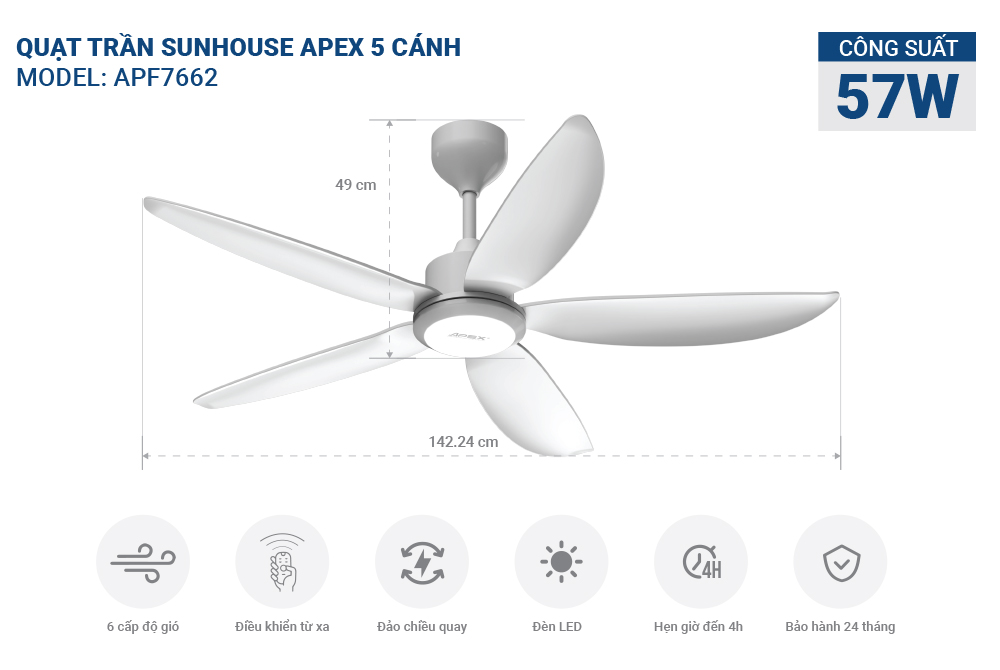 Quạt Trần Sunhouse Apex 5 cánh APF-7662 APF-7663, công suất 57W, cánh quạt sải rộng, điều khiển từ xa, Hàng chính hãng