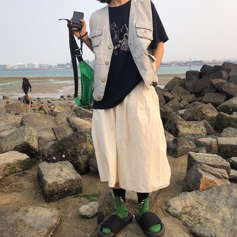 SKIRT - Váy dài vải Kaki lưng thun kèm khoá kéo