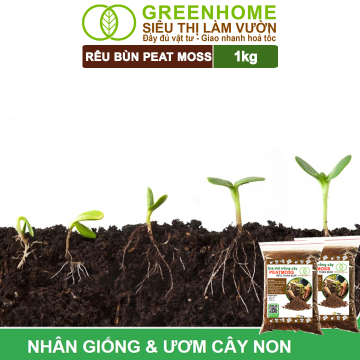 Rêu Than Bùn Peatmoss Greenhome, Bao 1kg, Giá Thể, Cân Bằng Ẩm, Trộn Đất Trồng Sen Đá, Kiểng Lá, Hoa Hồng, Ươm Hạt Giống