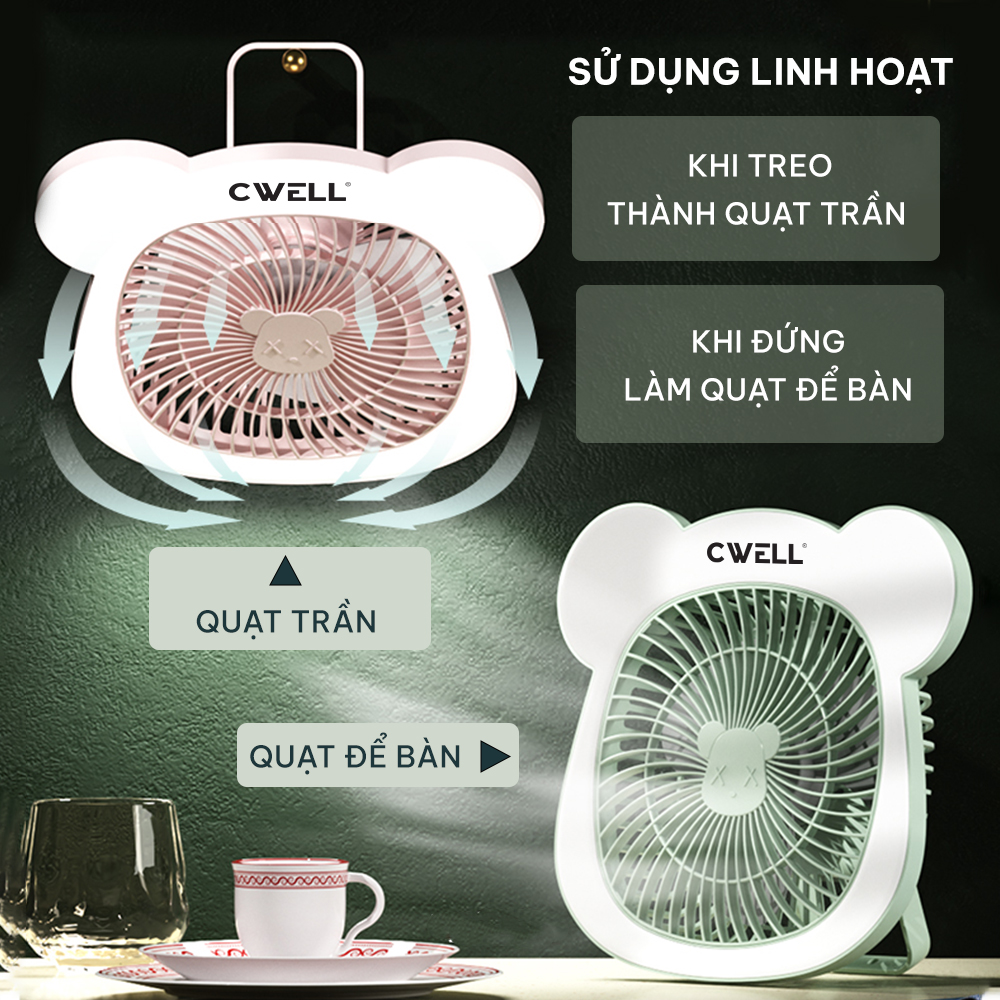 Quạt mini để bàn, quạt tích điện 3 tốc độ Cwell kèm dải 25 đèn Led, có móc treo - Tặng cáp sạc USB