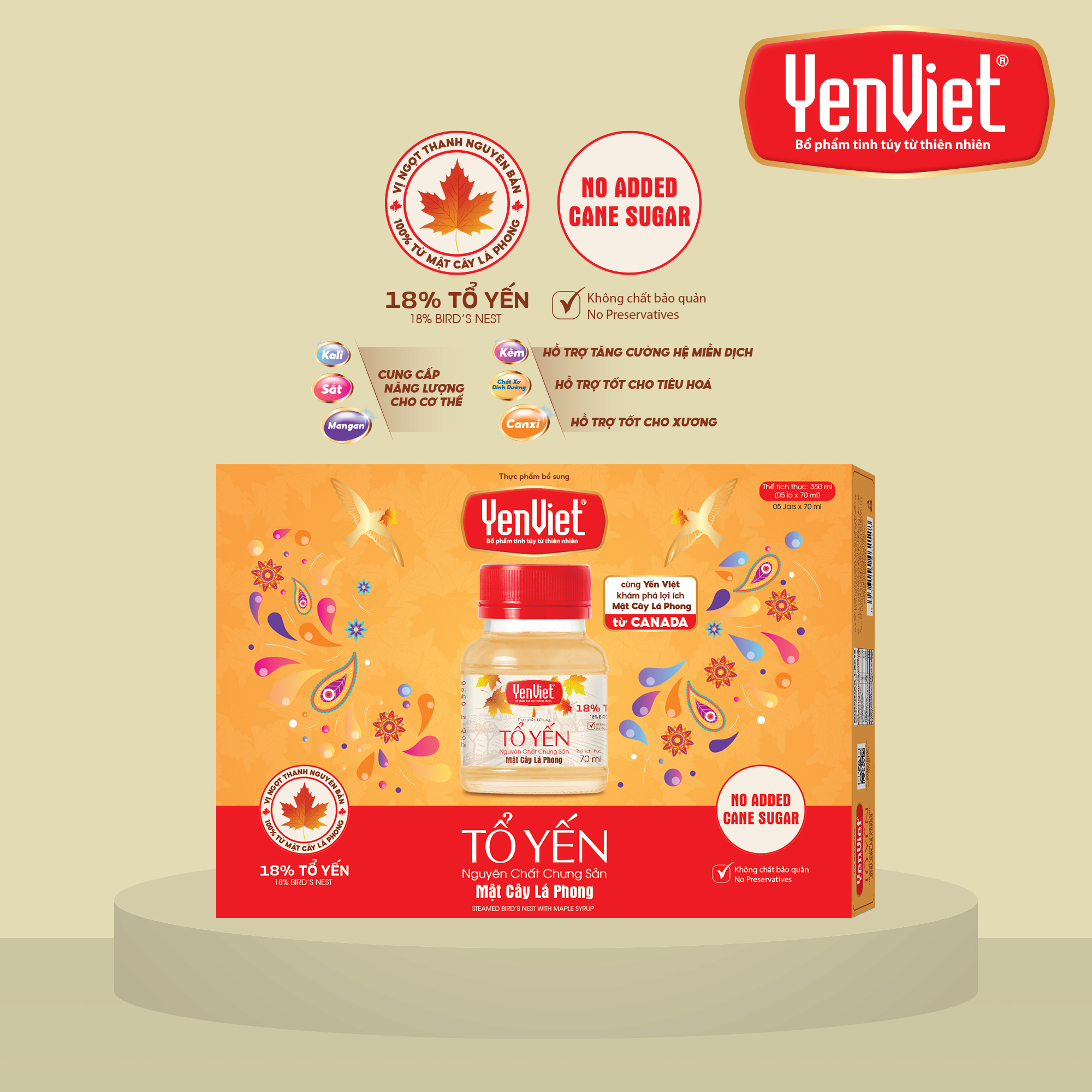 Yến Việt - Hộp quà tặng 5 lọ x 70ml 18% Yến nguyên chất chưng sẵn, mật cây lá phong, không sử dụng đường mía